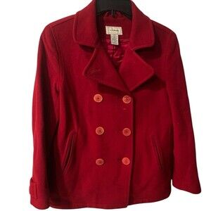 LL Bean Peacoat Jacket womens Petite Sz 8 Red Lambswool Button Front Vintage